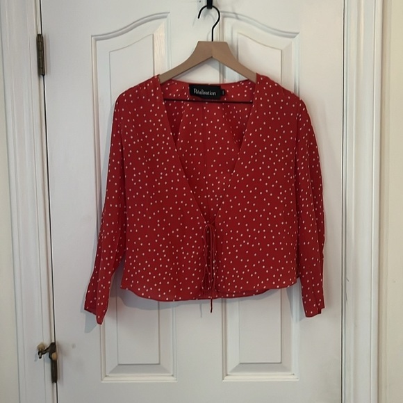 Realisation Par | 100% Silk The Bianca Front Tie Top Red White Stars XXS July 4 - Picture 5 of 13